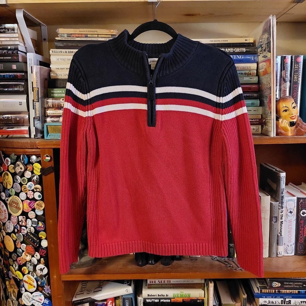 St Johns Bay Y2K Cotton Quarter Zip Sweater Red Blue White Striped Large